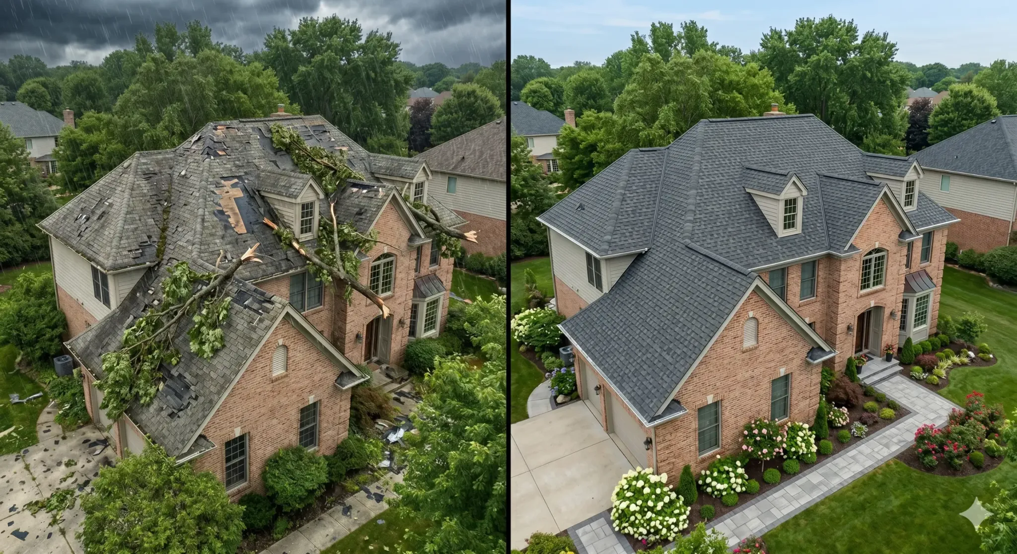 Before and after roof damage and replacement example