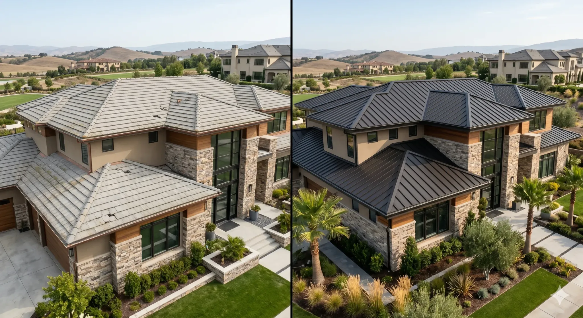 Before and after metal roofing upgrade on a residential property