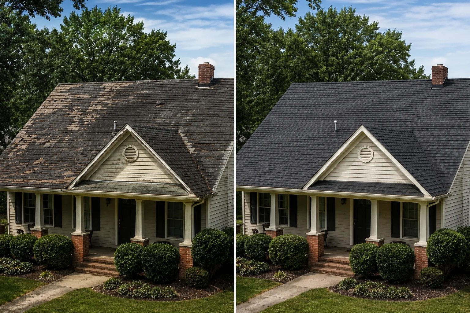 Residential roof before and after replacement